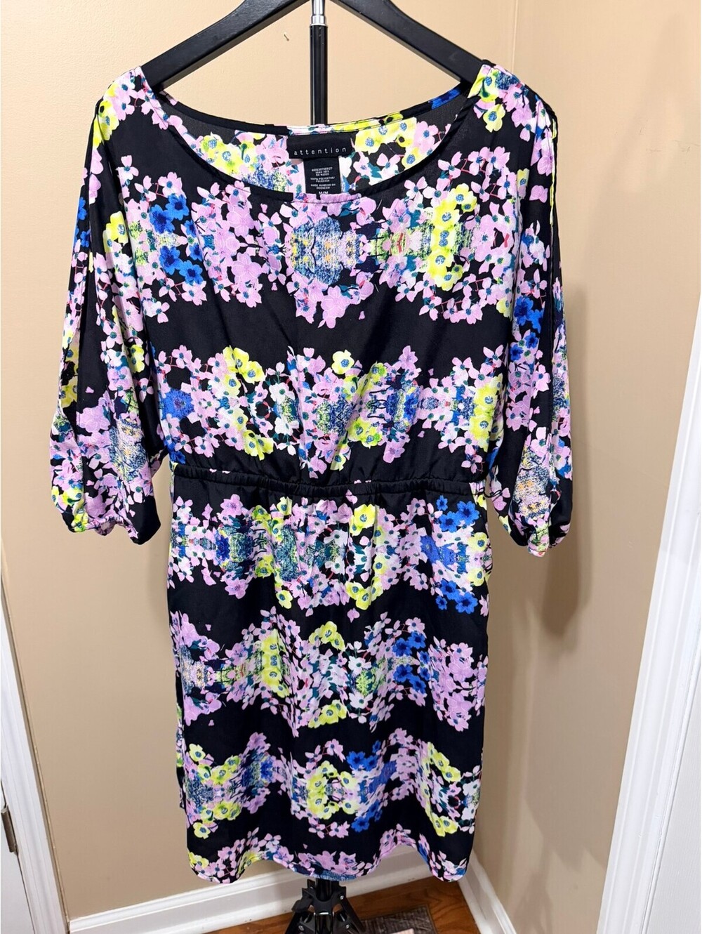 Attention Black Floral Elastic Waist Dress Purple Blue Neon Yellow M